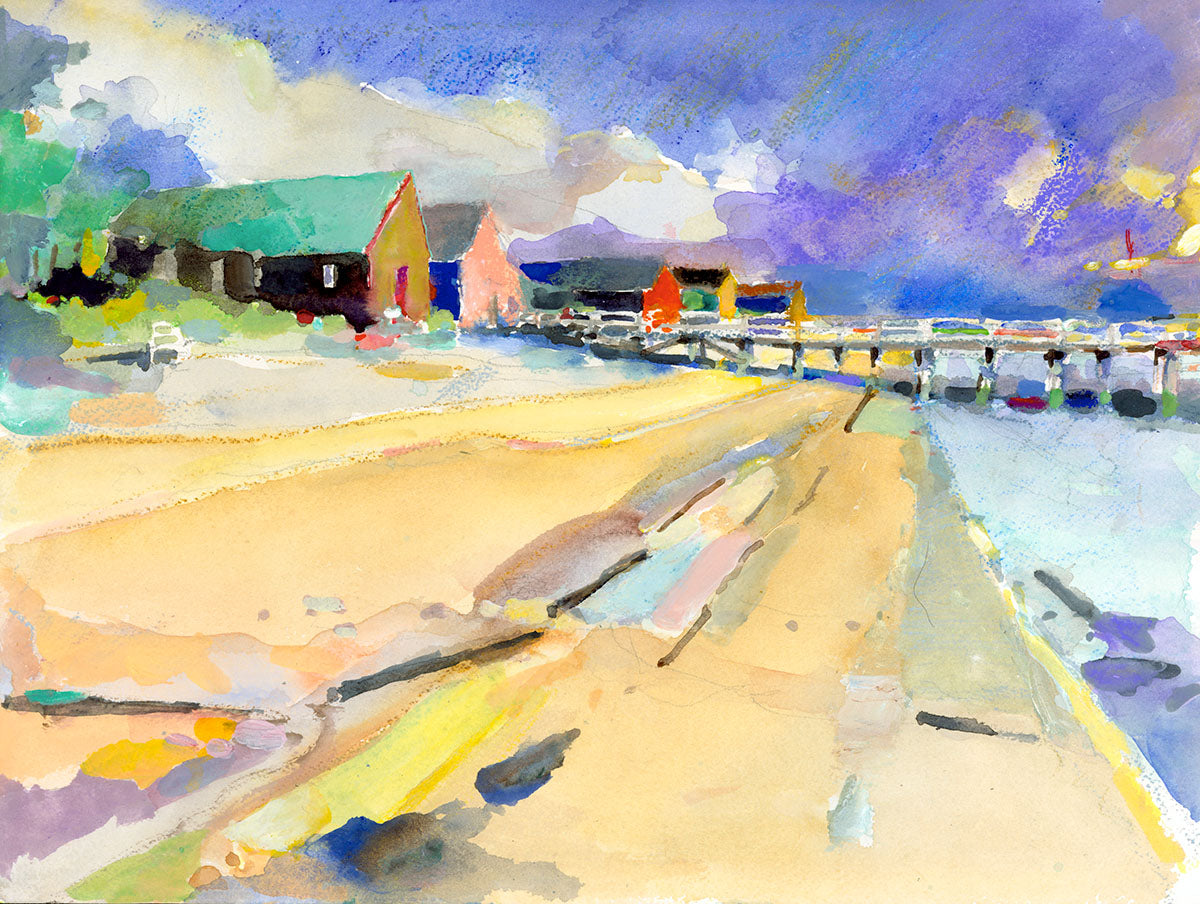 A depiction of a sandy beach in Maine, with 5 colorful boathouses and a dock in the near distance.