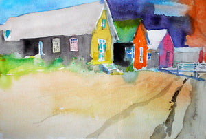 Depiction of three colorful boathouses (yellow, orange, and pink) on a sandy beach in Maine